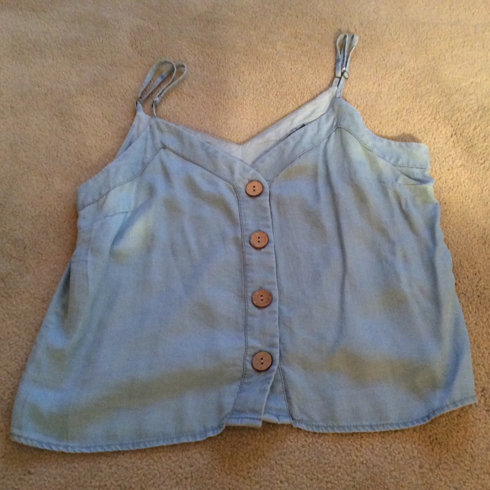 Indigo Rising Light Blue Button V-neck Spaghetti Strap Crop Cami Top